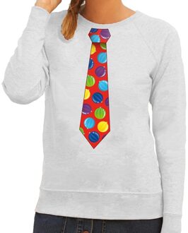 Bellatio Decorations Foute kerst sweater met kerstballen stropdas groen voor dames 2XL (44) - kerst truien Grijs