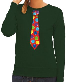 Bellatio Decorations Foute kerst sweater met kerstballen stropdas groen voor dames 2XL (44) - kerst truien