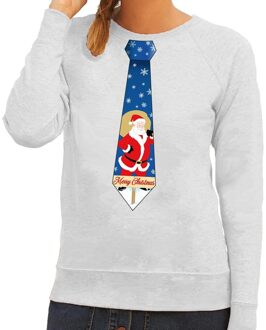 Bellatio Decorations Foute kerst sweater met kerstman stropdas grijs voor dames 2XL (44) - kerst truien