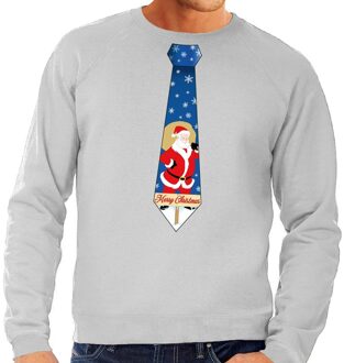 Bellatio Decorations Foute kerst sweater met kerstman stropdas grijs voor heren 2XL (56) - kerst truien