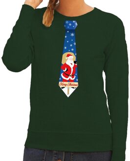 Bellatio Decorations Foute kerst sweater met kerstman stropdas groen voor dames 2XL (44) - kerst truien