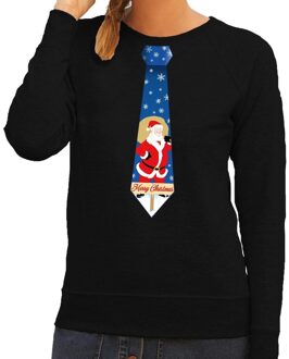 Bellatio Decorations Foute kerst sweater met kerstman stropdas zwart voor dames 2XL (44) - kerst truien