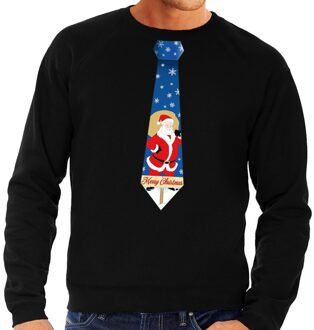 Bellatio Decorations Foute kerst sweater met kerstman stropdas zwart voor heren 2XL (56) - kerst truien