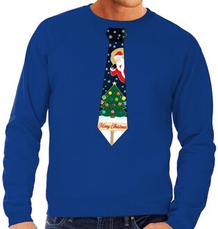 Bellatio Decorations Foute kerst sweater met kerstmis stropdas blauw voor heren 2XL (56) - kerst truien