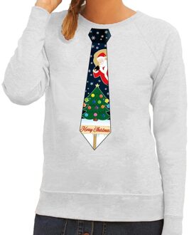 Bellatio Decorations Foute kerst sweater met kerstmis stropdas grijs voor dames 2XL (44) - kerst truien