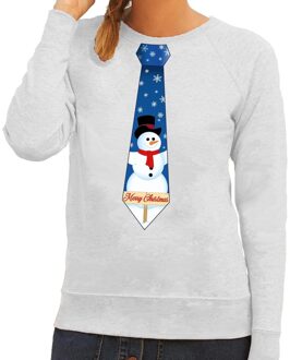 Bellatio Decorations Foute kerst sweater met sneeuwpop stropdas grijs voor dames 2XL (44) - kerst truien