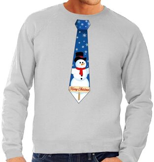 Bellatio Decorations Foute kerst sweater met sneeuwpop stropdas grijs voor heren 2XL (56) - kerst truien