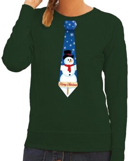 Bellatio Decorations Foute kerst sweater met sneeuwpop stropdas groen voor dames 2XL (44) - kerst truien