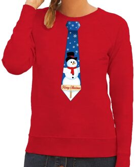 Bellatio Decorations Foute kerst sweater met sneeuwpop stropdas rood voor dames 2XL (44) - kerst truien