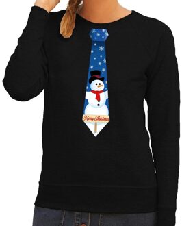 Bellatio Decorations Foute kerst sweater met sneeuwpop stropdas zwart voor dames 2XL (44) - kerst truien