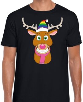 Bellatio Decorations Foute Kerst t-shirt Gay Ruldolf met regenboog muts en roze sjaal zwart voor heren 2XL