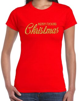 Bellatio Decorations Foute Kerst t-shirt - Merry Fucking Christmas - goud / glitter - rood - dames - kerstkleding / kerst outfit 2XL