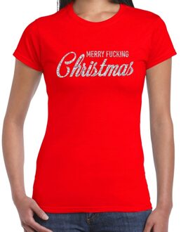 Bellatio Decorations Foute Kerst t-shirt - Merry Fucking Christmas - zilver / glitter - rood - dames - kerstkleding / kerst outfit 2XL