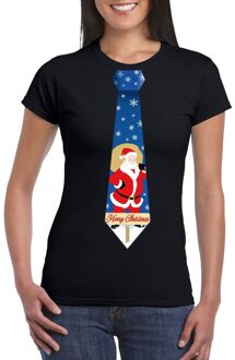 Bellatio Decorations Foute kerst t-shirt met kerstman stropdas zwart voor dames L - kerst t-shirts