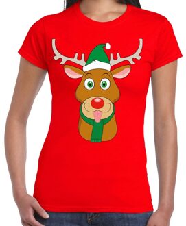 Bellatio Decorations Foute Kerst t-shirt rood met Ruldolf het rendier met groene muts voor dames 2XL - kerst t-shirts