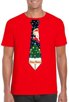 Bellatio Decorations Foute kerst t-shirt trui - rood - met kerstboom stropdas - voor heren