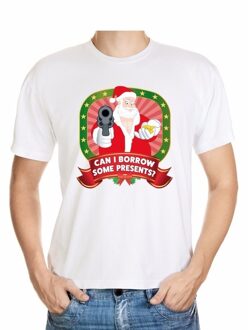 Bellatio Decorations Foute Kerst t-shirt wit can I borrow some presents voor heren