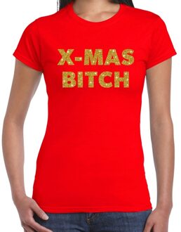 Bellatio Decorations Foute Kerst t-shirt - x-mas bitch - goud / glitter - rood - dames - kerstkleding / kerst outfit 2XL