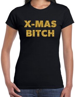 Bellatio Decorations Foute Kerst t-shirt - x-mas bitch - goud / glitter - zwart - dames - kerstkleding / kerst outfit 2XL