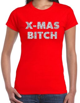 Bellatio Decorations Foute Kerst t-shirt - x-mas bitch - zilver / glitter - rood - dames - kerstkleding / kerst outfit 2XL