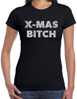 Bellatio Decorations Foute Kerst t-shirt - x-mas bitch - zilver / glitter - zwart - dames - kerstkleding / kerst outfit 2XL