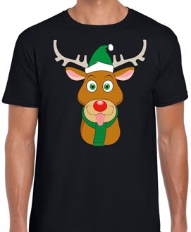 Bellatio Decorations Foute Kerst t-shirt zwart met Ruldolf het rendier met groene muts voor heren L - kerst t-shirts