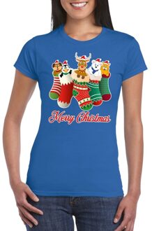 Bellatio Decorations Foute kerstborrel t-shirt blauw kerstsokken met diertjes voor dames 2XL - kerst t-shirts