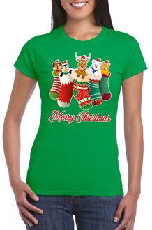 Bellatio Decorations Foute kerstborrel t-shirt groen kerstsokken met diertjes voor dames 2XL - kerst t-shirts