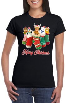 Bellatio Decorations Foute kerstborrel t-shirt zwart kerstsokken met diertjes voor dames 2XL - kerst t-shirts