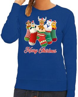 Bellatio Decorations Foute kerstborrel trui blauw kerstsokken met diertjes voor dames 2XL (44) - kerst truien Zwart