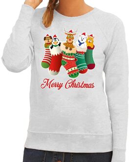 Bellatio Decorations Foute kerstborrel trui grijs kerstsokken met diertjes voor dames 2XL (44) - kerst truien