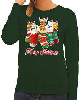 Bellatio Decorations Foute kerstborrel trui groen kerstsokken met diertjes voor dames 2XL (44) - kerst truien