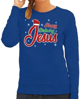 Bellatio Decorations Foute kerstborrel trui / kersttrui Happy Birthday Jesus / Jezus blauw voor dames 2XL (44) - kerst truien