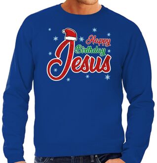 Bellatio Decorations Foute kerstborrel trui / kersttrui Happy Birthday Jesus / Jezus blauw voor heren 2XL (56) - kerst truien