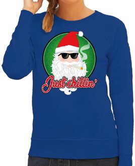 Bellatio Decorations Foute kerstborrel trui / kersttrui just chillin blauw voor dames 2XL (44) - kerst truien