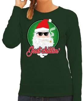 Bellatio Decorations Foute kerstborrel trui / kersttrui just chillin groen voor dames 2XL (44) - kerst truien