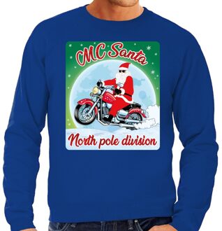 Bellatio Decorations Foute kerstborrel trui / kersttrui MC Santa voor motorrijders blauw voor heren 2XL (56) - kerst truien