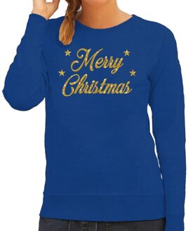 Bellatio Decorations Foute kerstborrel trui / kersttrui Merry Christmas goud / blauw dames 2XL (44) - kerst truien