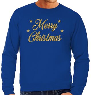 Bellatio Decorations Foute kerstborrel trui / kersttrui Merry Christmas goud / blauw heren 2XL (56) - kerst truien