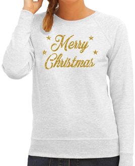 Bellatio Decorations Foute kerstborrel trui / kersttrui Merry Christmas goud / grijs dames 2XL (44) - kerst truien