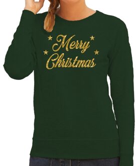 Bellatio Decorations Foute kerstborrel trui / kersttrui Merry Christmas goud / groen dames 2XL (44) - kerst truien