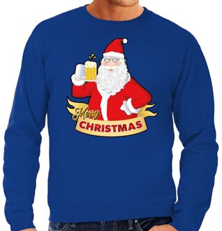 Bellatio Decorations Foute kerstborrel trui / kersttrui Merry Christmas kerstman met een peul bier / biertje blauw voor heren 2XL (56) - kers