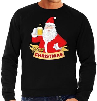 Bellatio Decorations Foute kerstborrel trui / kersttrui Merry Christmas kerstman met een peul bier / biertje zwart voor heren 2XL (56) - kers