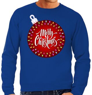 Bellatio Decorations Foute kerstborrel trui / kersttrui merry christmas met grote kerstbal blauw voor heren 2XL (56) - kerst truien