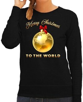 Bellatio Decorations Foute kerstborrel trui / kersttrui Merry Christmas to the world op zwart dames 2XL (44) - kerst truien