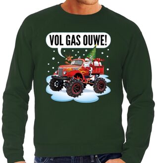 Bellatio Decorations Foute kerstborrel trui / kersttrui vol ga ouwe / santa op monstertruck / truck groen voor heren L (52) - kerst truien