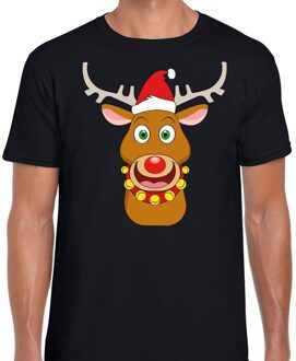 Bellatio Decorations Foute Kerstmis shirt zwart met Ruldolf het rendier met rode muts voor heren 2XL - kerst t-shirts