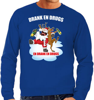 Bellatio Decorations Foute Kerstsweater / Kersttrui Drank en drugs blauw voor heren - Kerstkleding / Christmas outfit 2XL