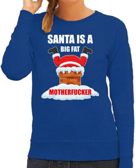 Bellatio Decorations Foute Kerstsweater / Kersttrui Santa is a big fat motherfucker blauw voor dames - Kerstkleding / Christmas outfit 2XL