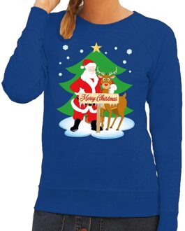 Bellatio Decorations Foute kersttrui blauw met de kerstman en Rudolf voor dames 2XL (44) - kerst truien